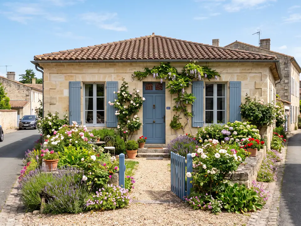 Maison de bourg girondin en pierre claire, volets bleus et jardin fleuri